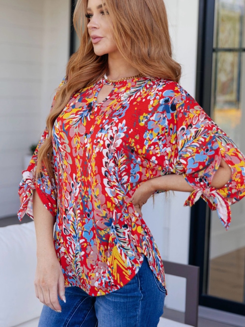 Multi Color Floral Tie-Sleeve Blouse with Keyhole Neck